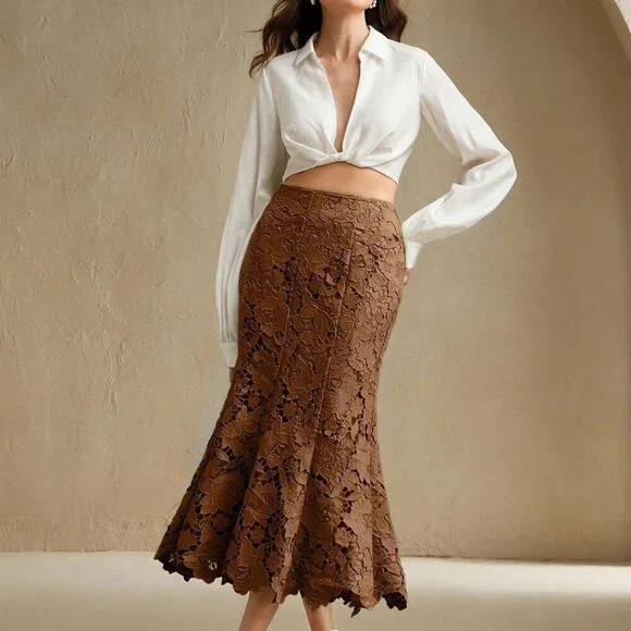 Coffee Brown Elegant Women's Patchwork Design Heavy Lace Hollow-Out Skirt - Picture 6 of 7